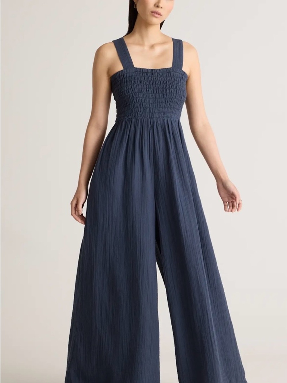 Quince Womens 100% Gauze Cotton Navy Smocked Wide-Leg Jumpsuit M - Picture 2 of 5